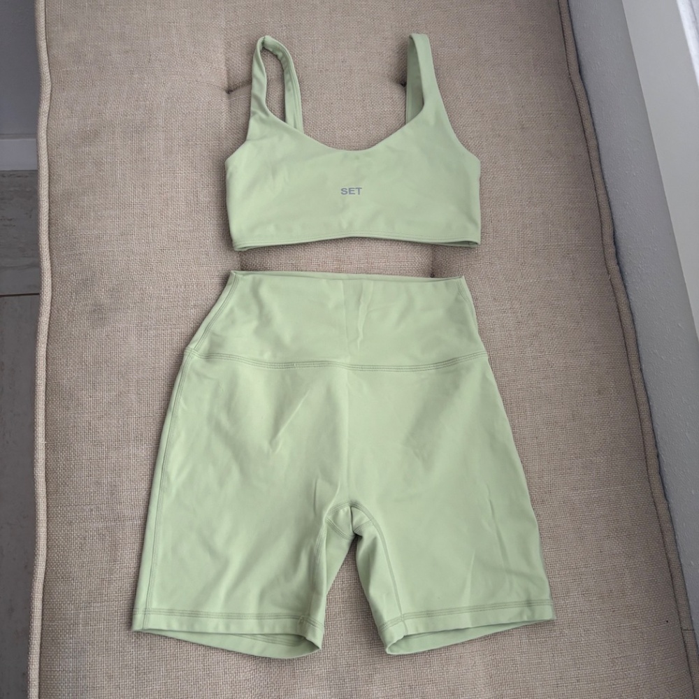 SET Active Light Green Sports Bra and High-Waist Bike Shorts